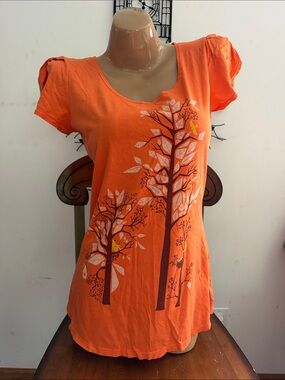 Orange ModCloth Tree-Print Women’s Scoop Neck ruffle sleeve Tee m blue platypus